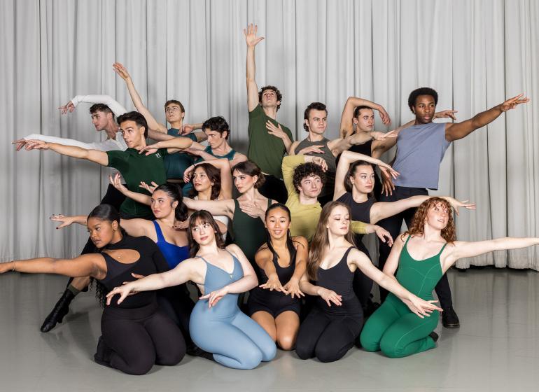 Group of Boston Conservatory at Berklee dancers pose in a studio